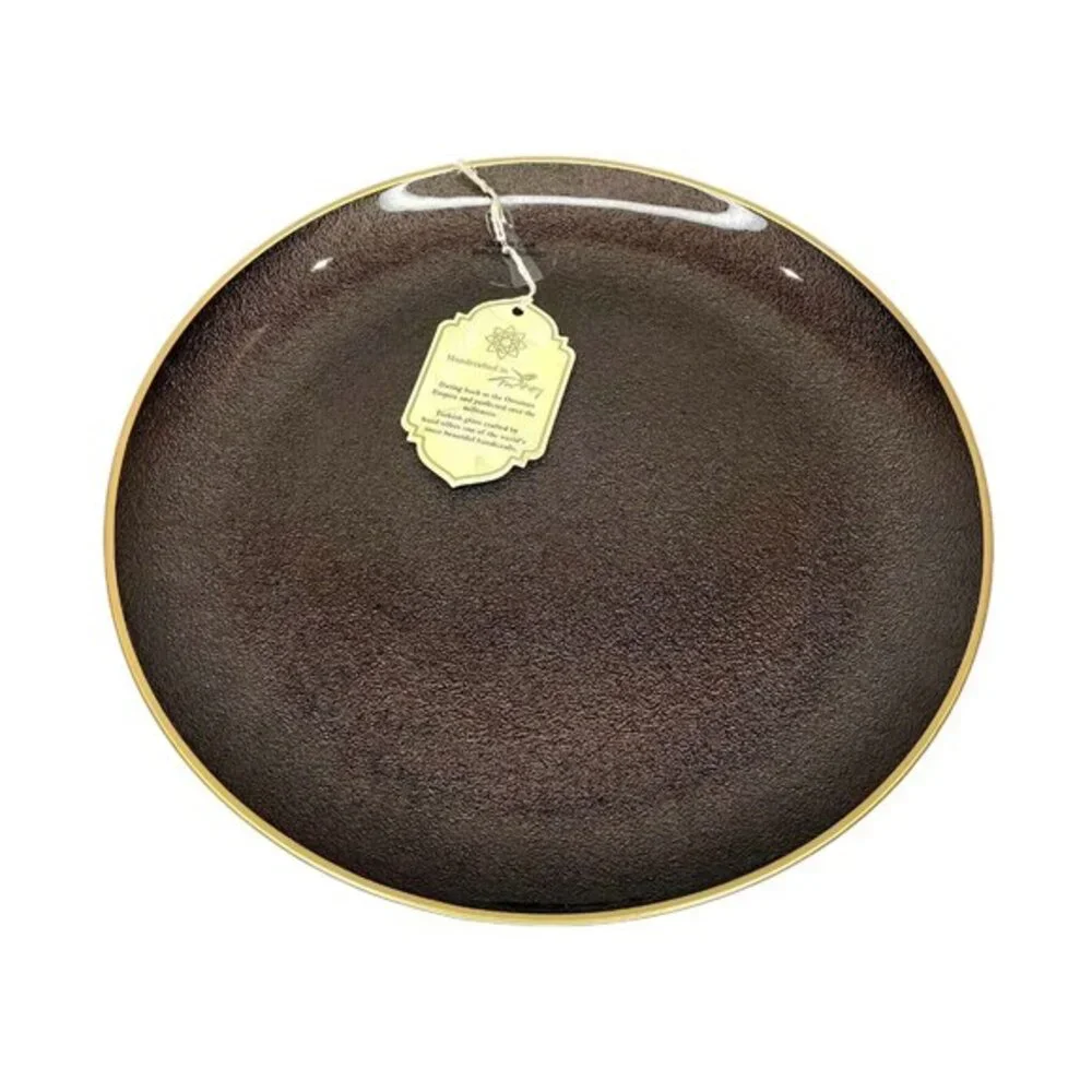 Turkish Glass 4 Charger Plates Set Brown Textured Gold Rim 13